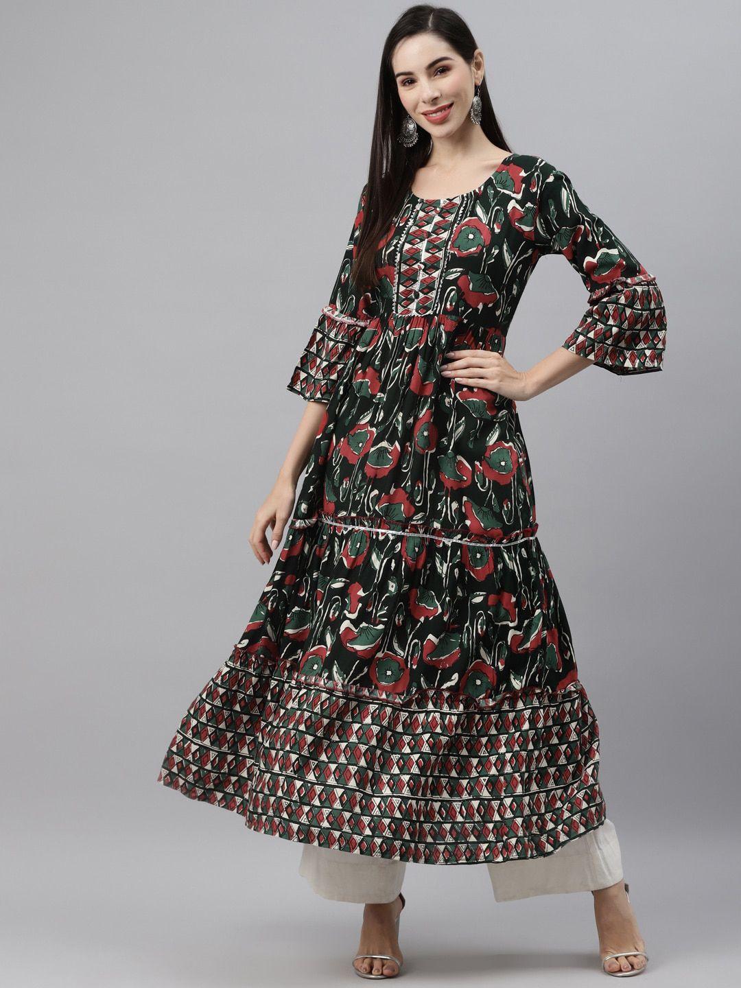 indibelle women floral printed bell sleeves anarkali kurta