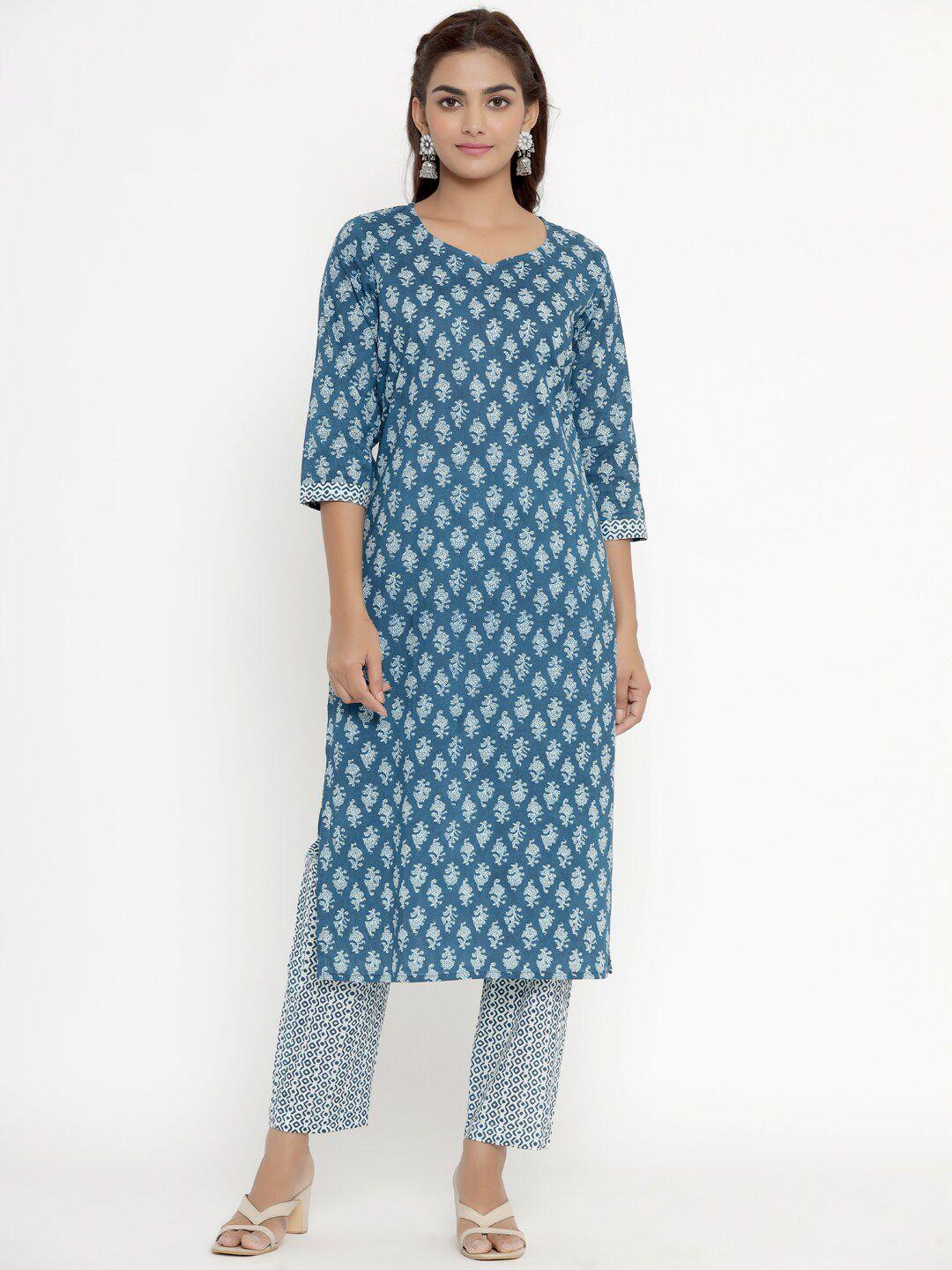 miravan women ethnic motifs printed pure cotton kurta with trousers