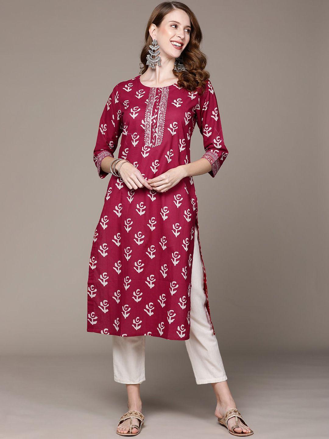 ishin cotton ethnic motifs printed thread work kurta