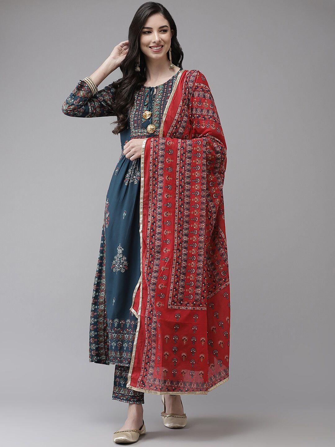 ishin women embroidered beads and stones tie up neck kurta with trousers & dupatta