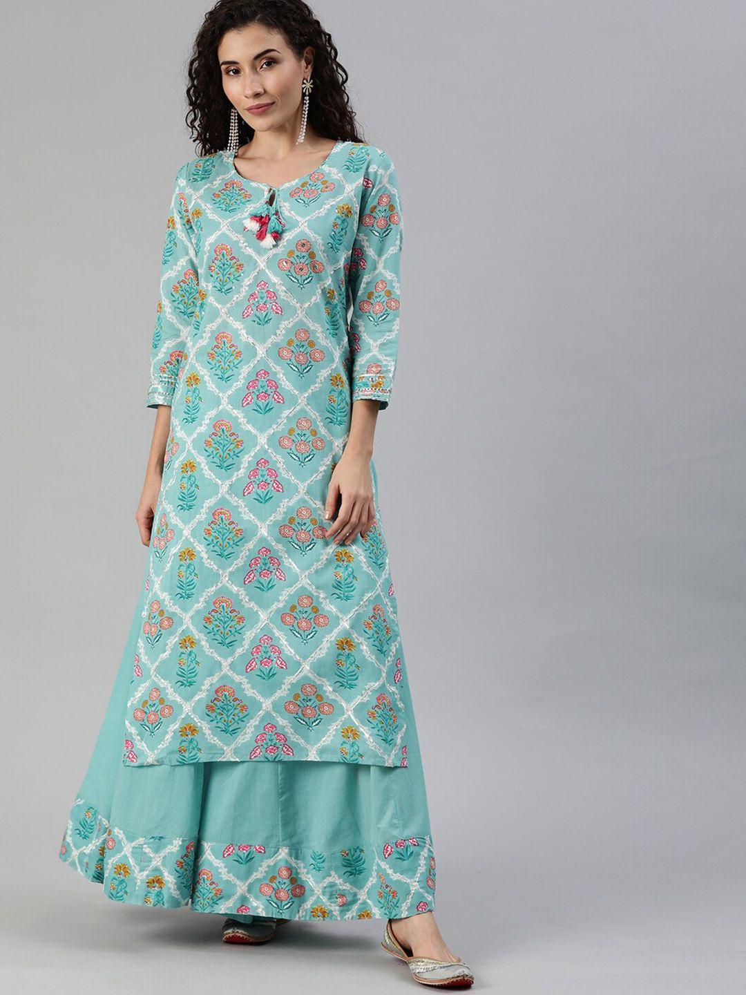 ishin ethnic motifs printed gotta patti pure cotton kurta with sharara