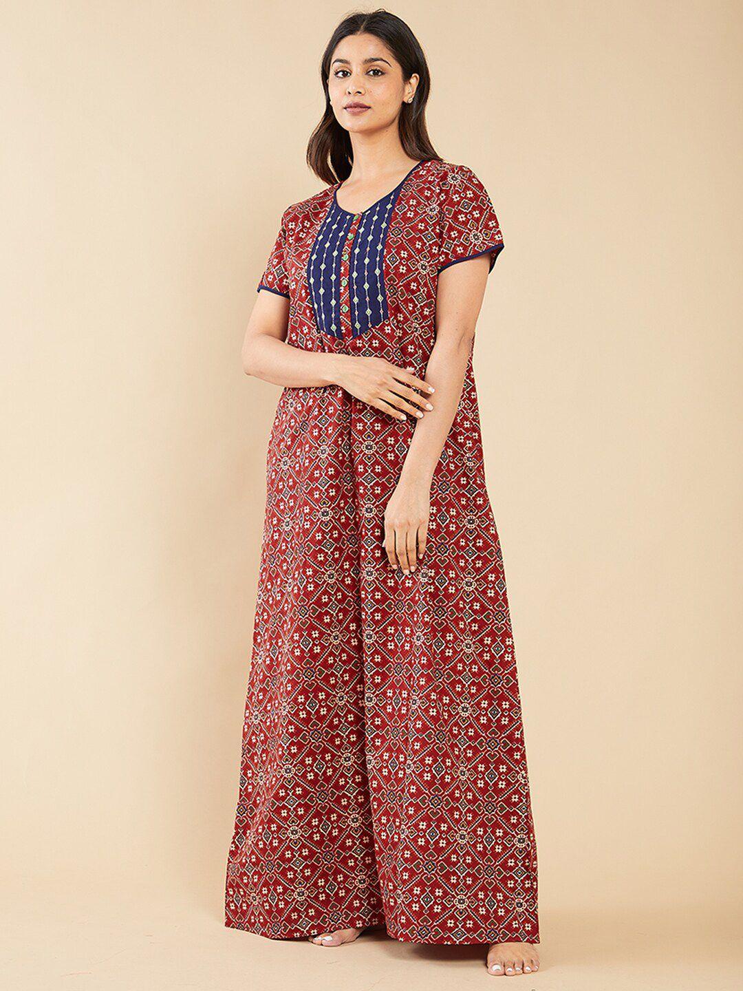 maybell ethnic motifs printed pure cotton maxi nightdress