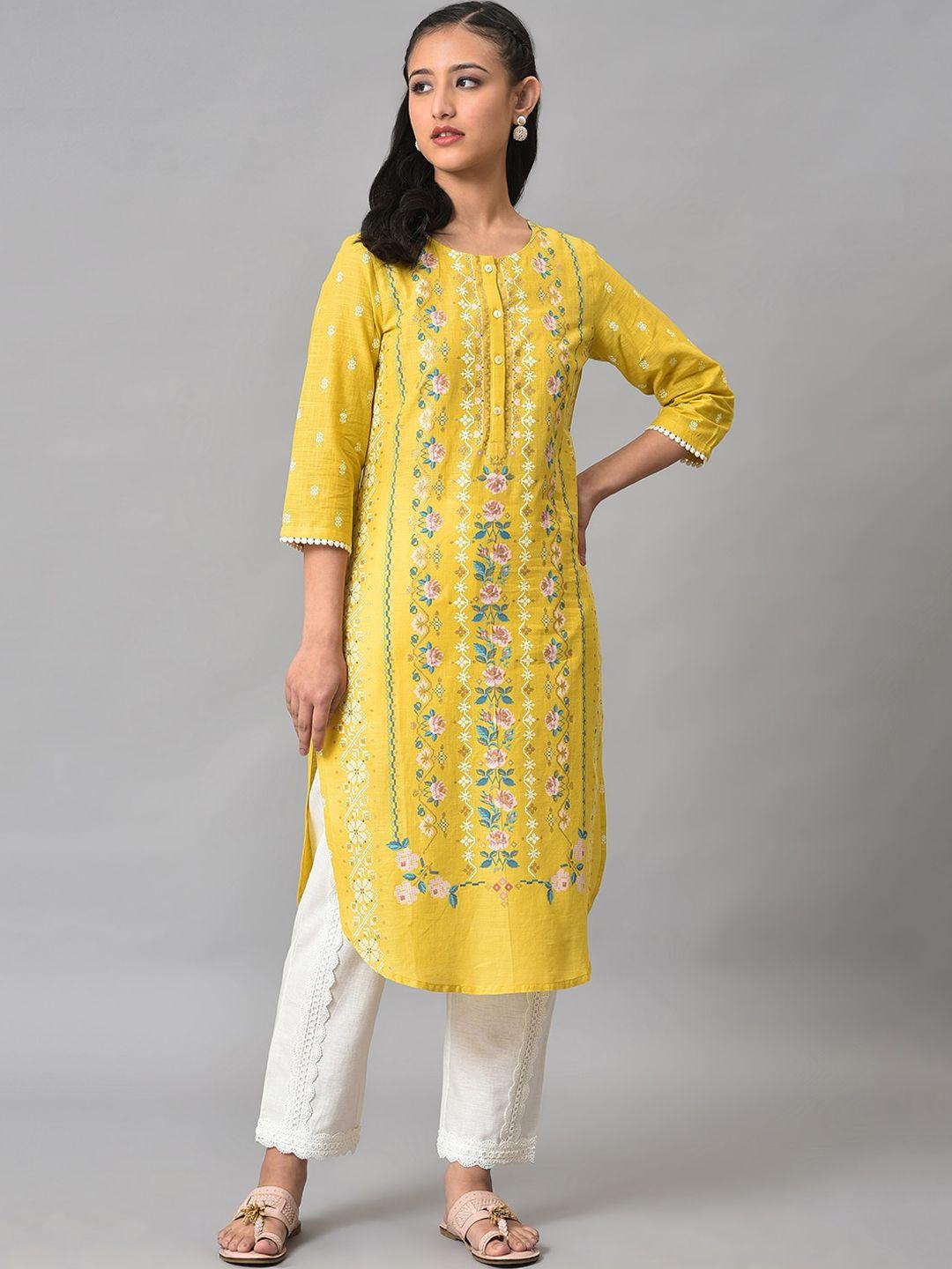 w women ethnic motifs embroidered keyhole neck thread work cotton kurta