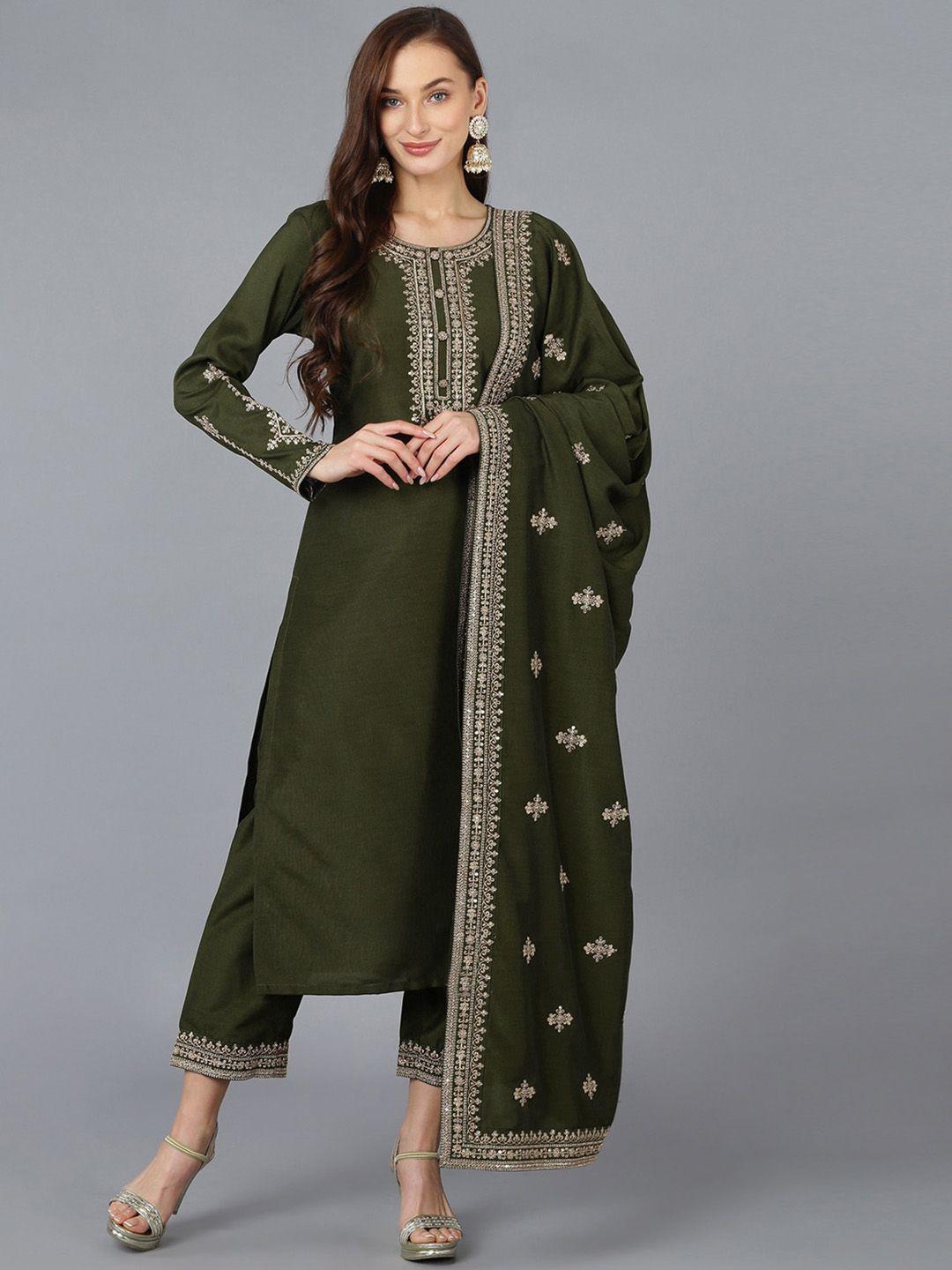 ahika ethnic motifs yoke design thread work kurta with trousers & dupatta