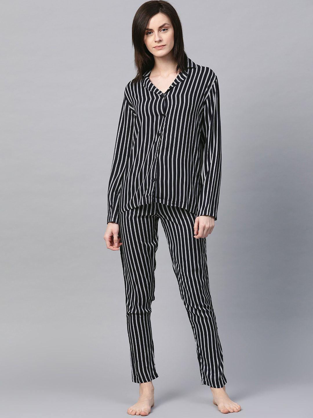 drape in vogue women striped lapel collar 2 piece night suit