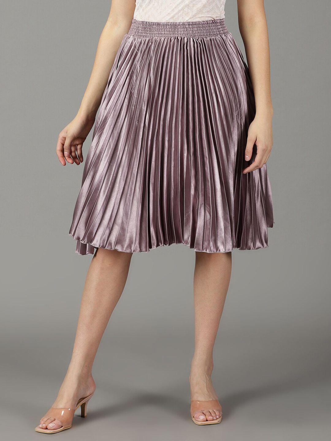 showoff women knee length accordion pleated satin flared skirts