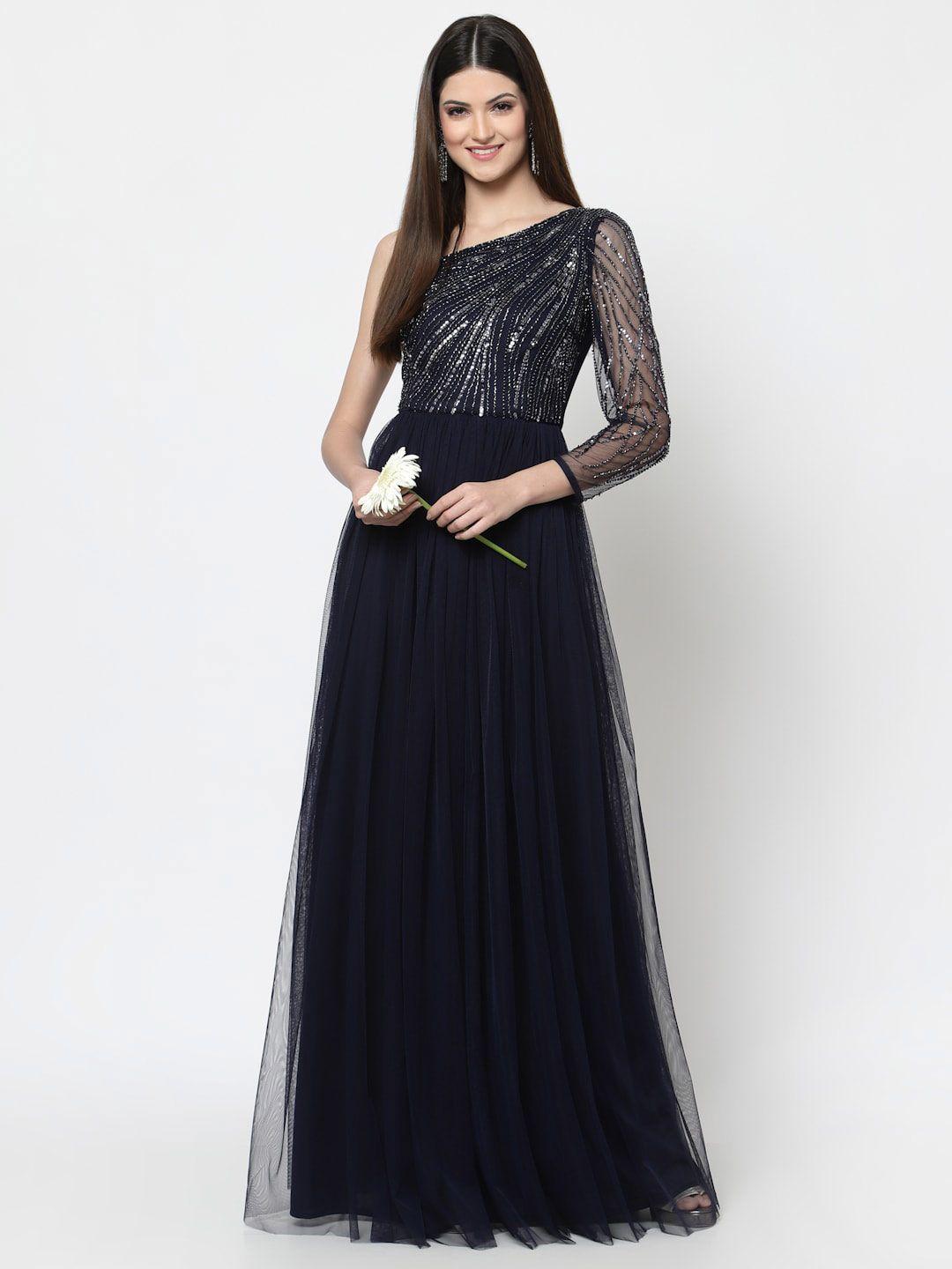 just wow navy embellished one shoulder net maxi dress