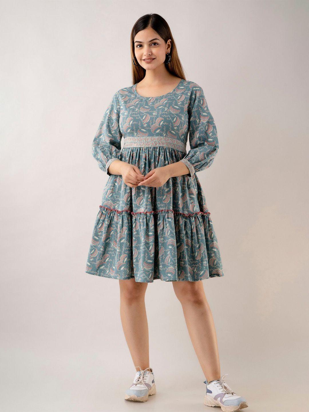 women touch ethnic motifs printed tiered cotton fit & flare dress