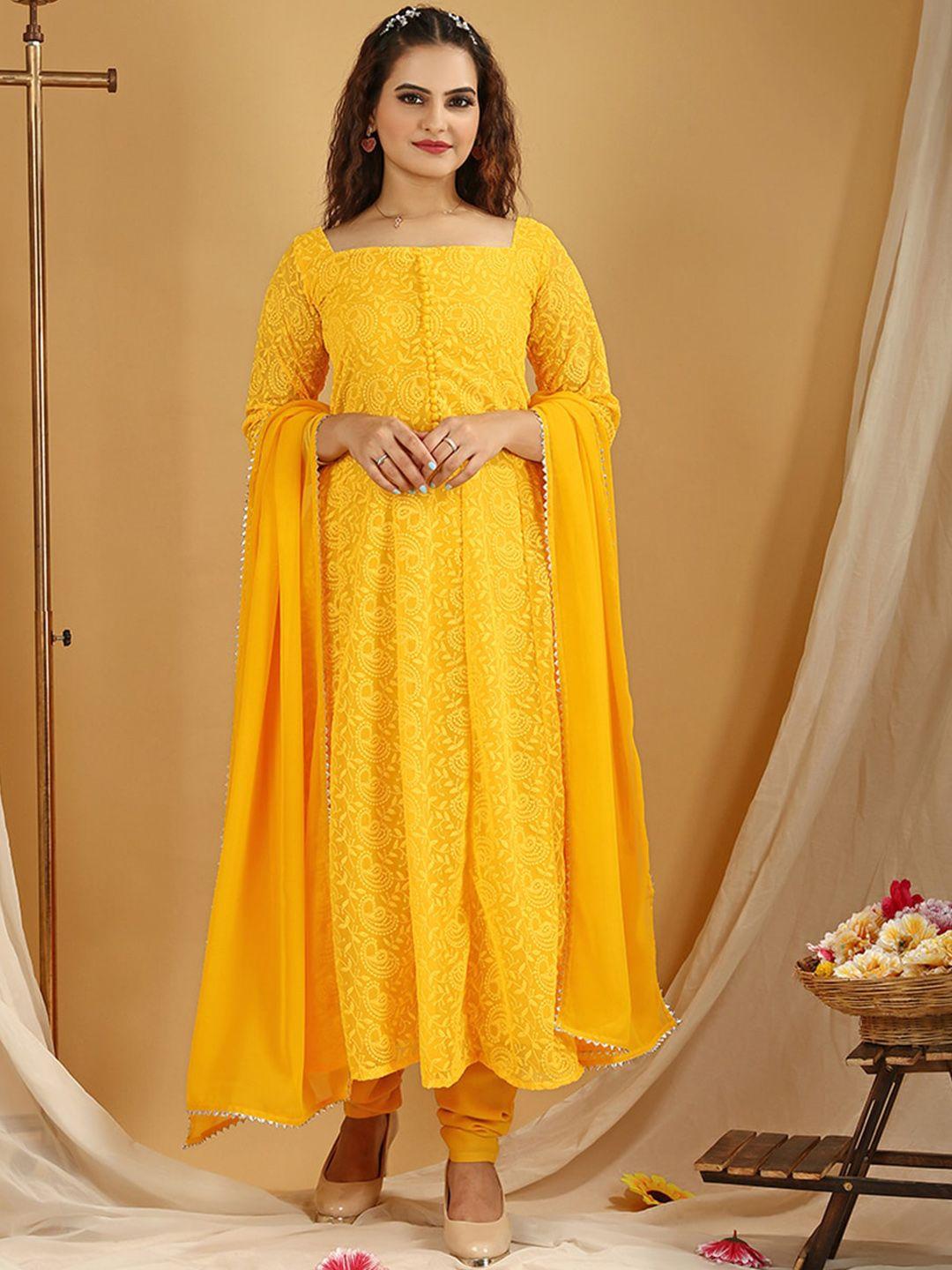 virah fashion women yellow paisley embroidered kurta with churidar & dupatta