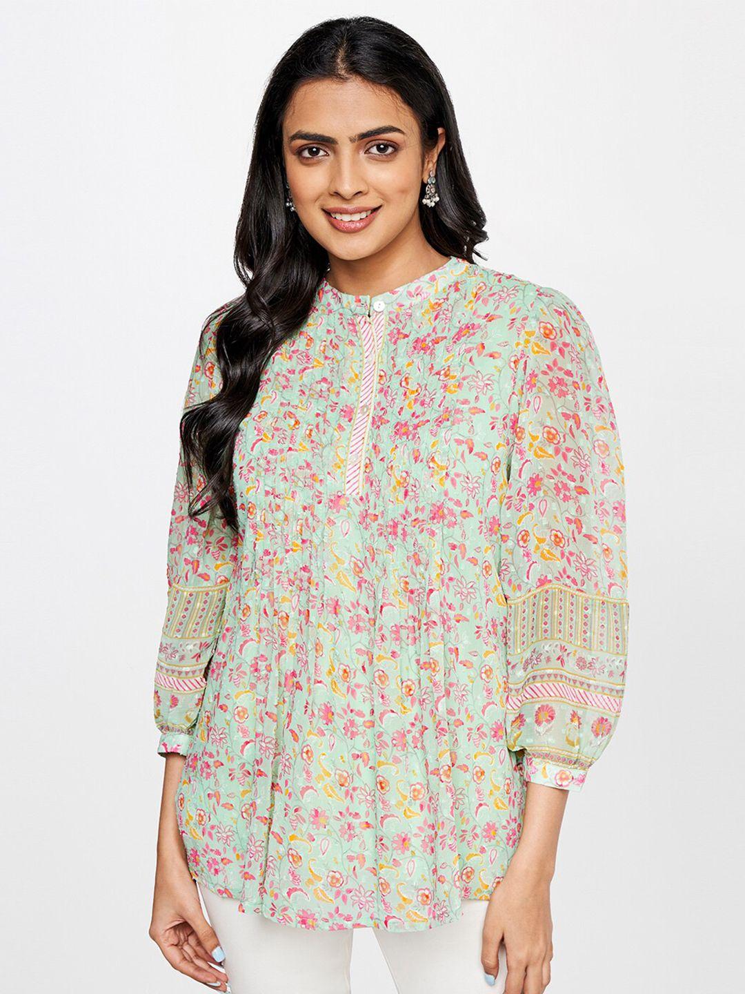 global desi mandarin collar floral printed top