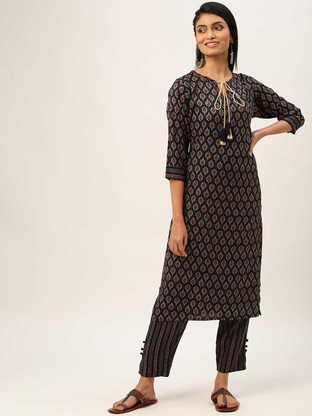 zola navy blue ethnic motifs printed kurta with trousers