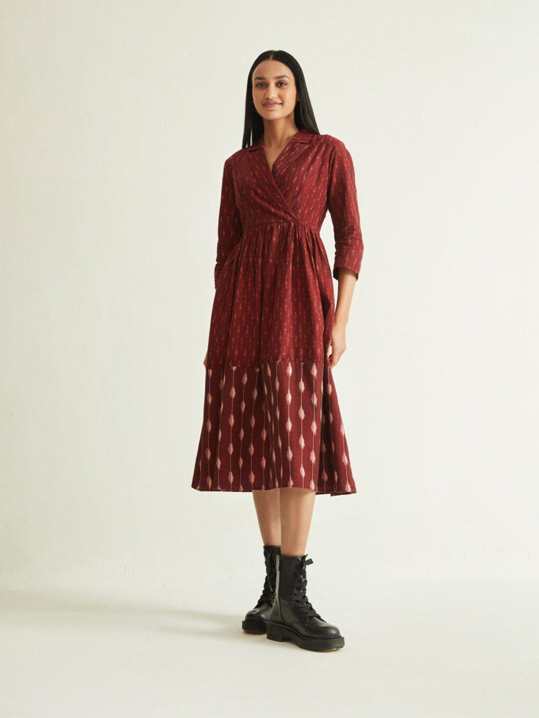 ancestry geometric printed cotton  a-line midi dress