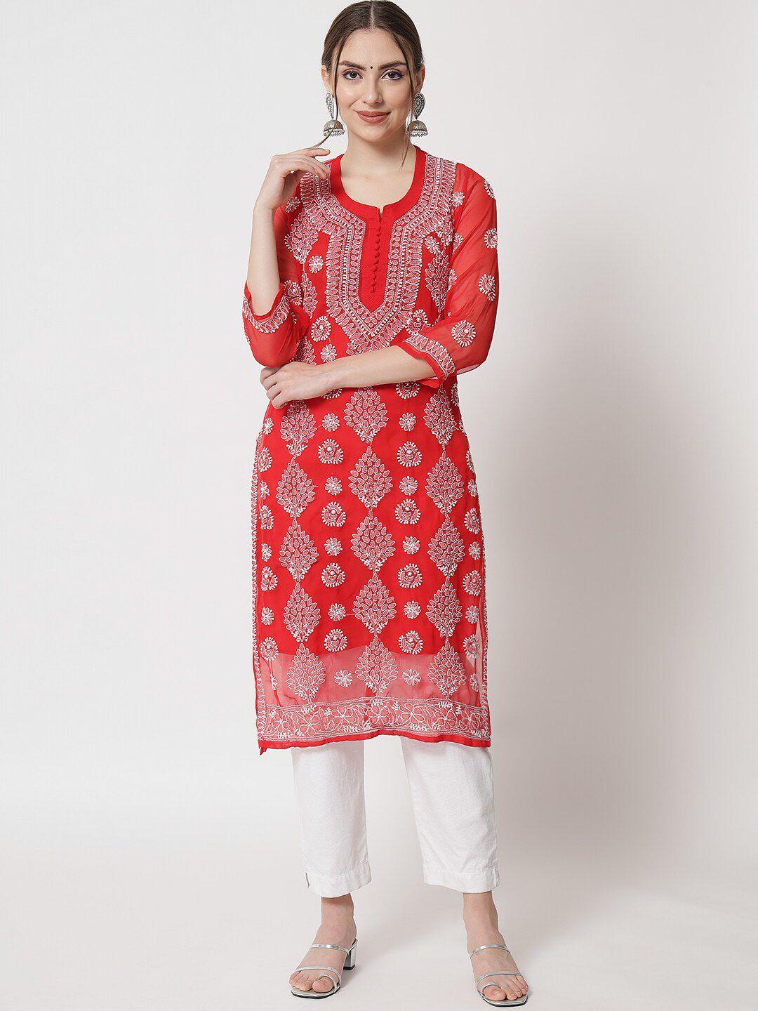 paramount chikan ethnic motifs embroidered chikankari georgette kurta with trousers