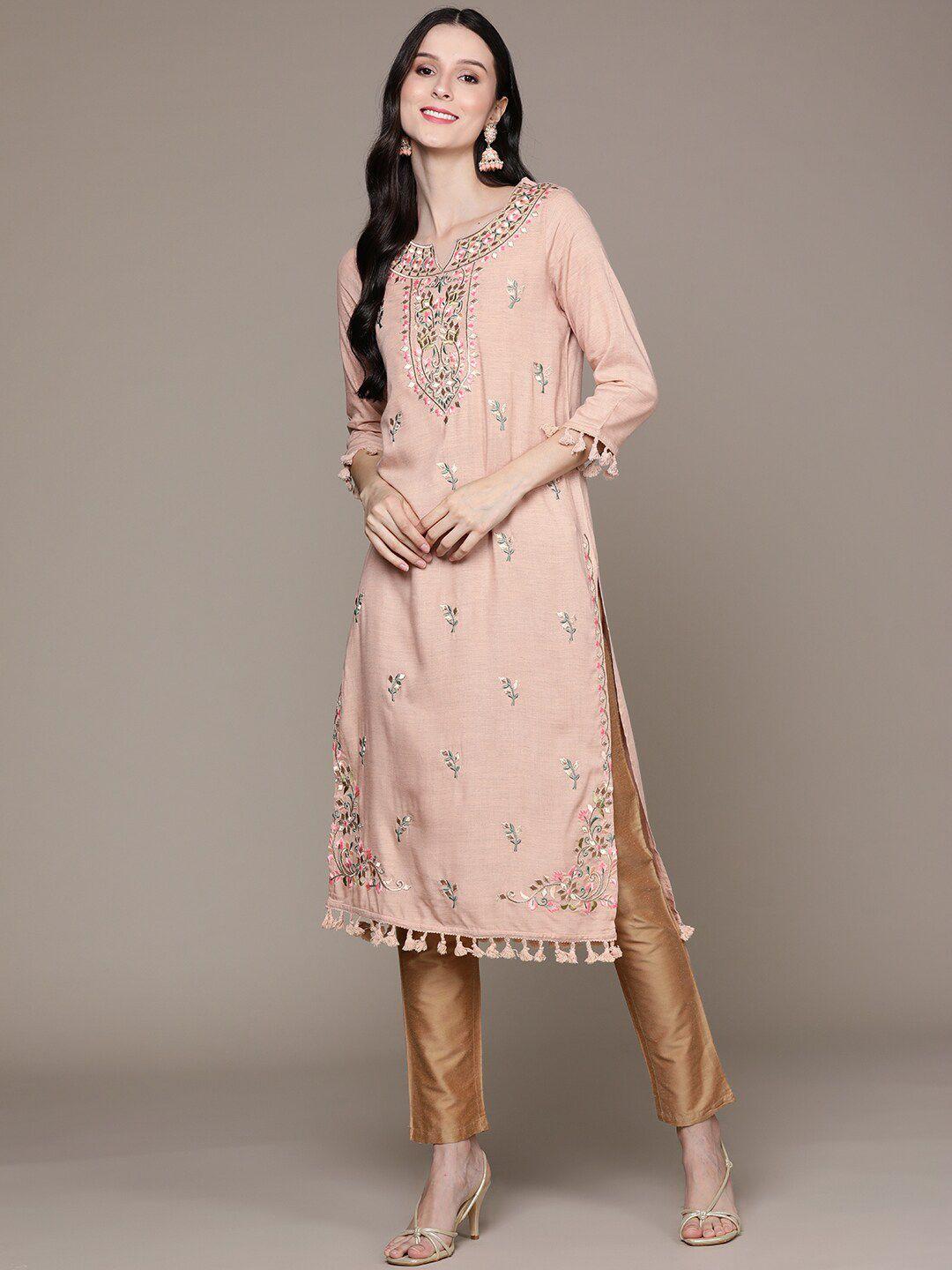 ishin women notch neck floral embroidered yoke design kurta