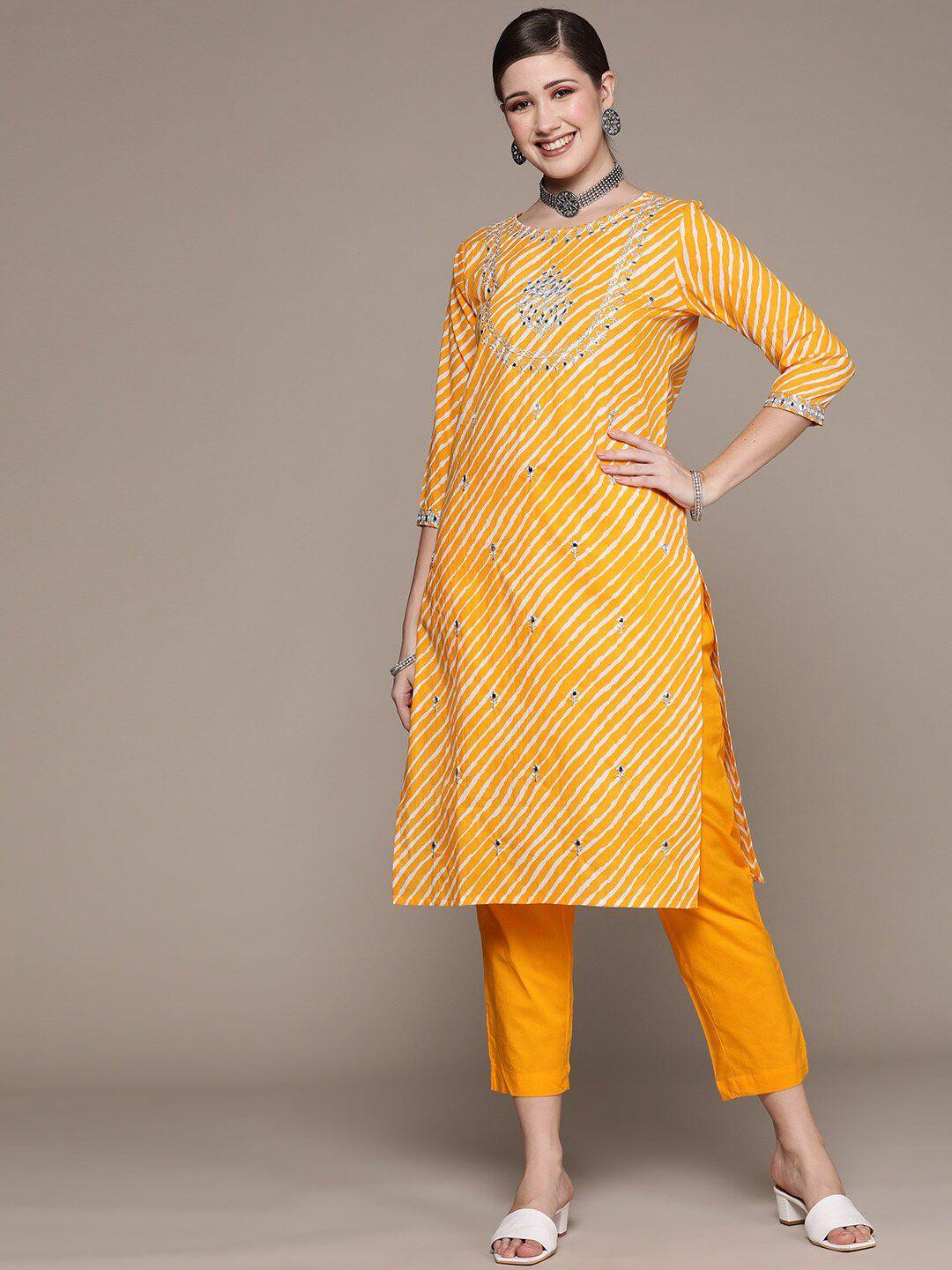 ishin women leheriya printed thread work pure cotton kurta with trousers