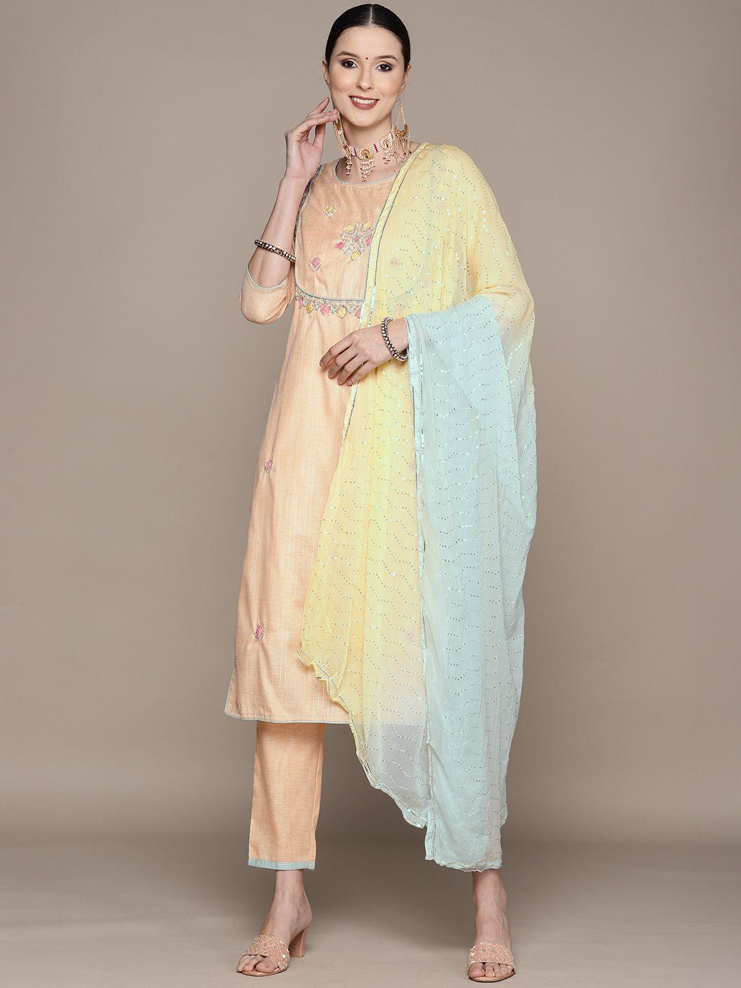 ishin women floral embroidered kurta with trousers & dupatta