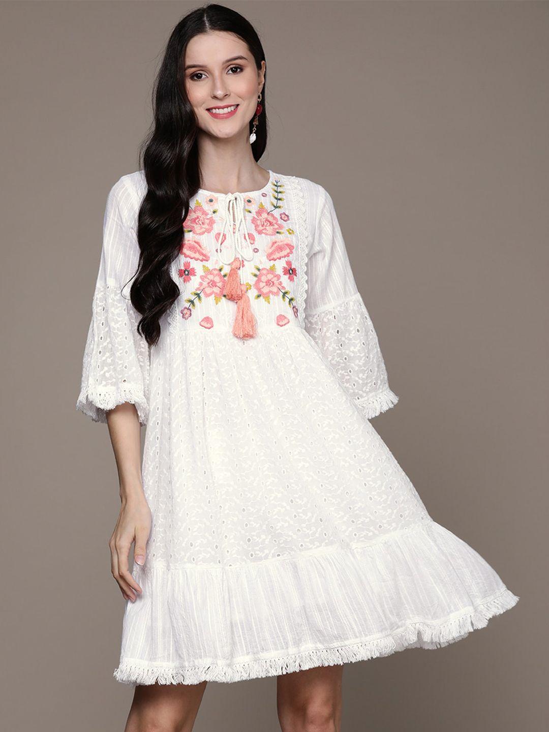 ishin white floral tie-up neck a-line dress