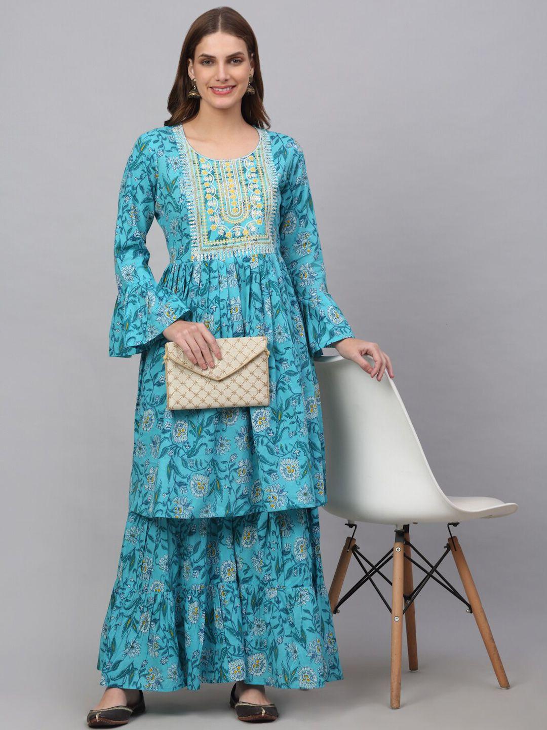 kalini women floral printed pleated pure cotton kurta with sharara