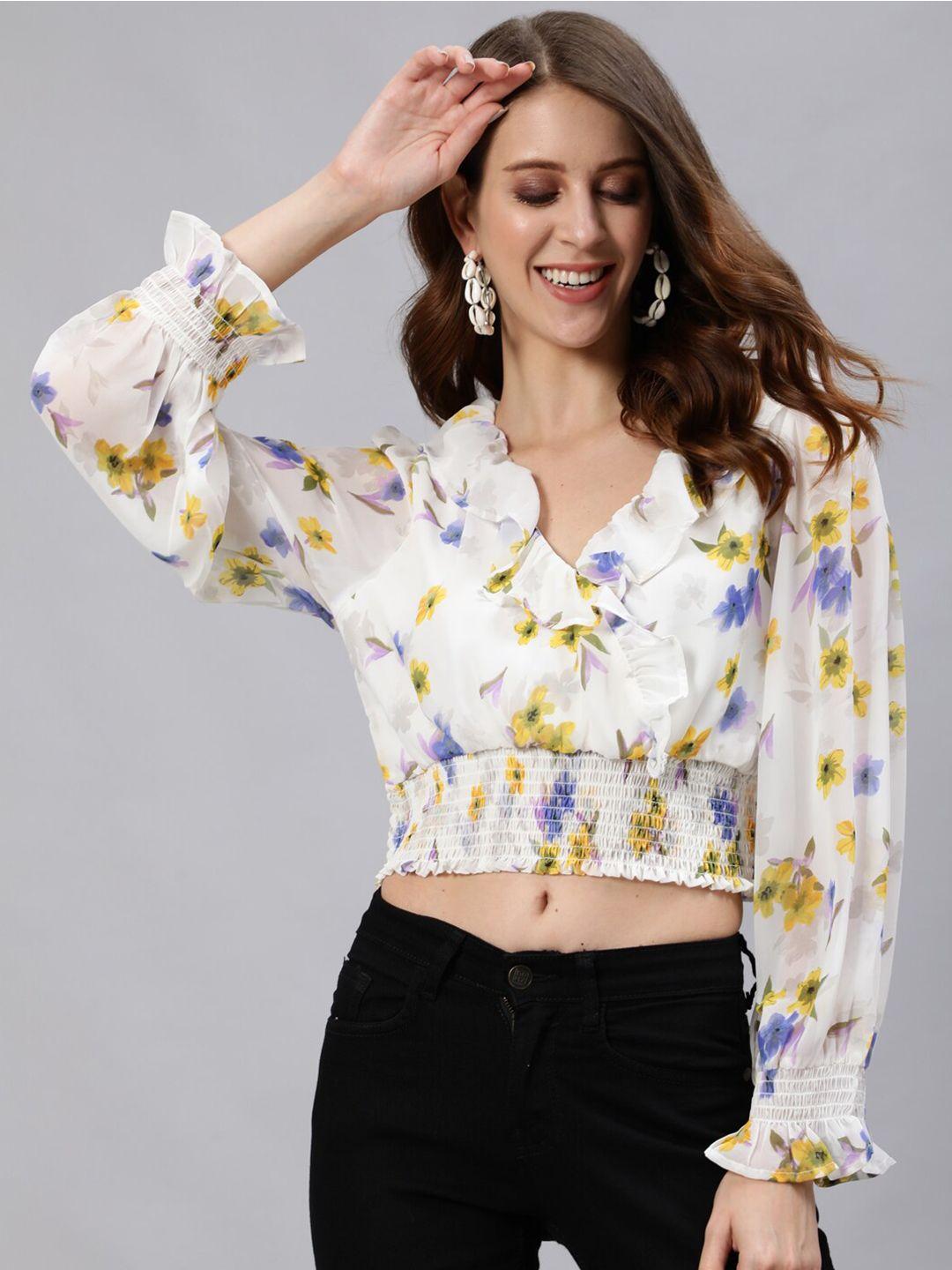 ishin floral printed ruffles smocked crop top