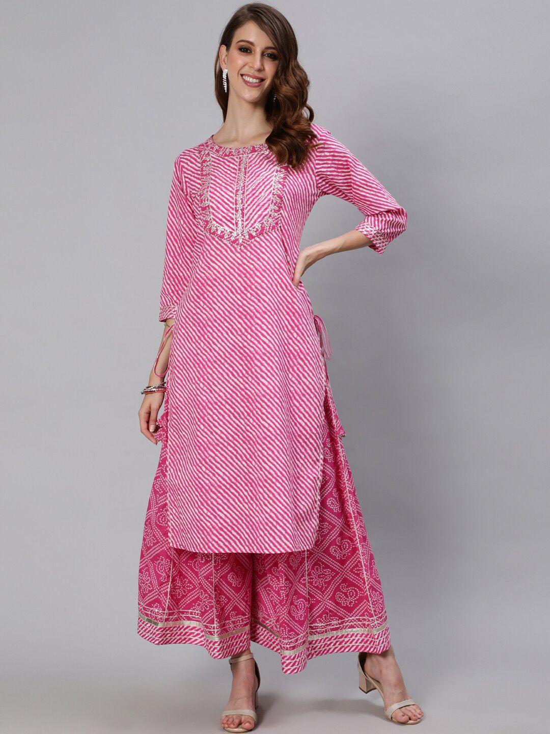 ishin women leheriya printed gottapatti pure cotton kurta with sharara