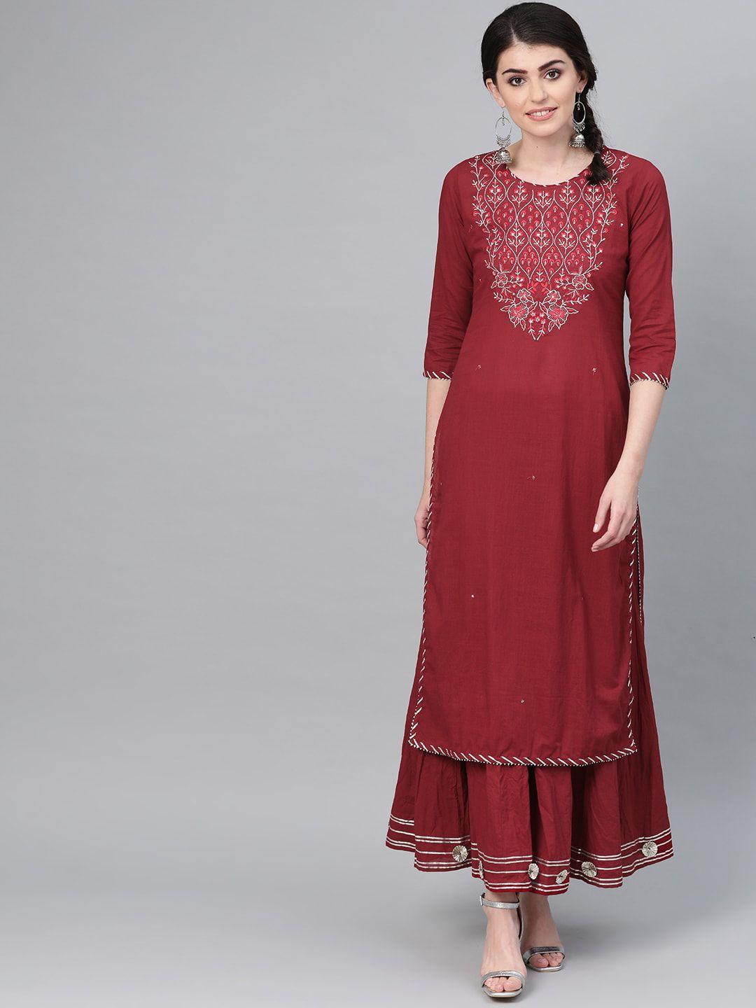 ishin women floral embroidered pure cotton kurta with sharara