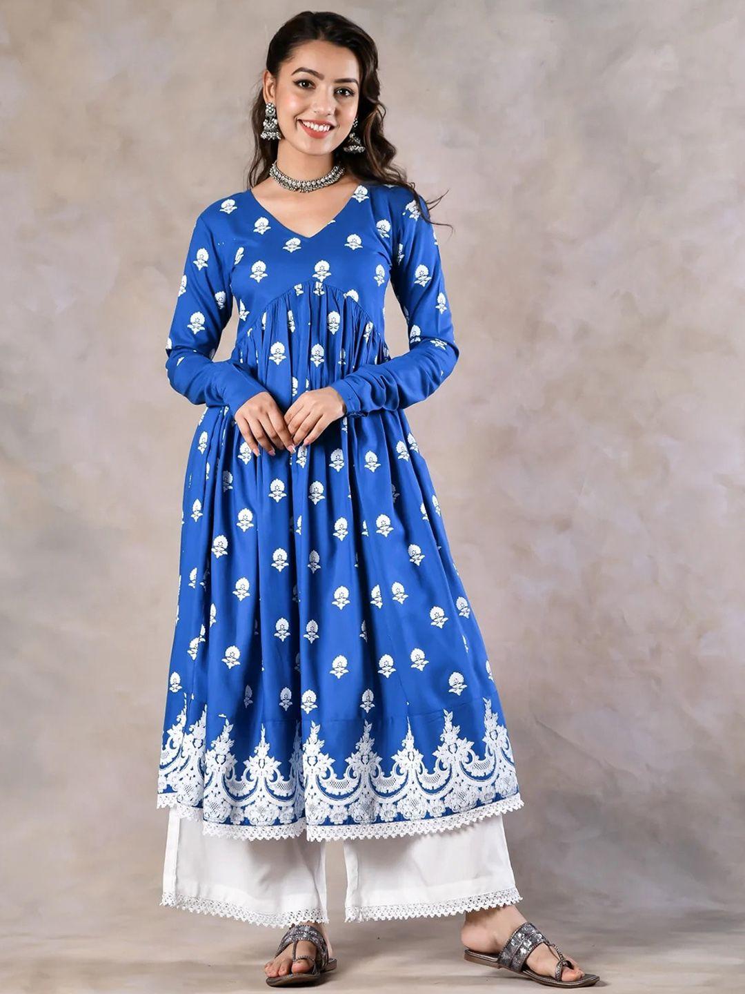 rustorange women printed v neck anarkali kurta with palazzos