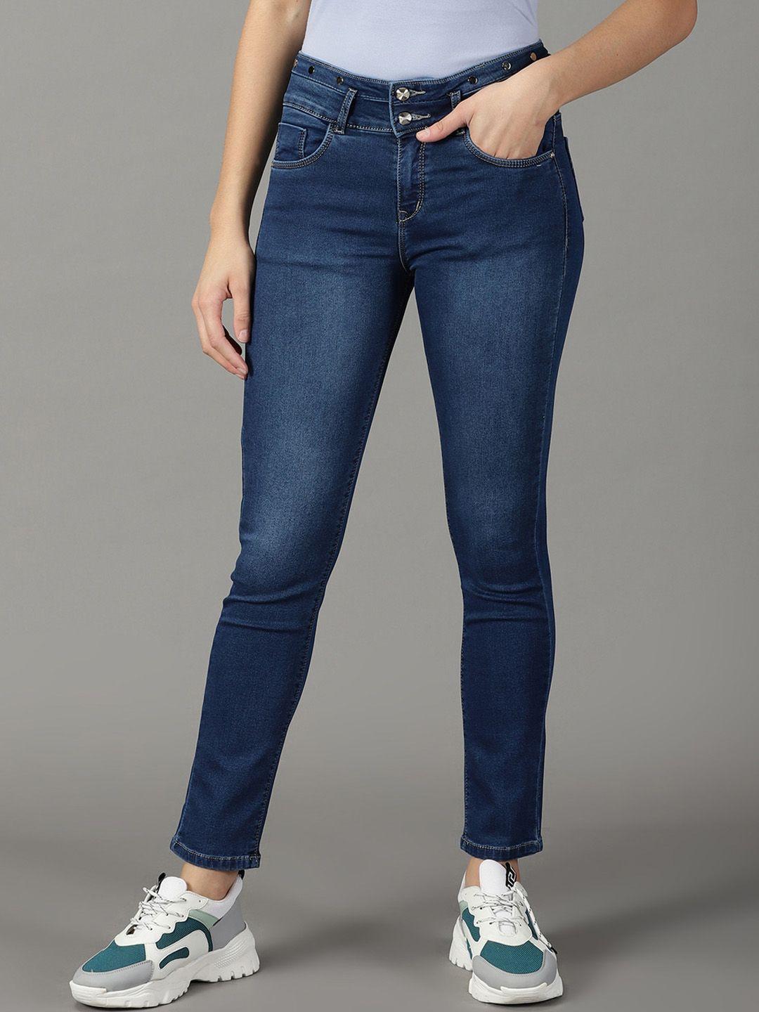 showoff women tapered fit high-rise light fade stretchable cotton jeans