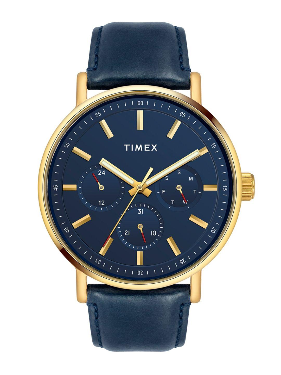 timex men brass dial & leather straps analogue watch tweg20016