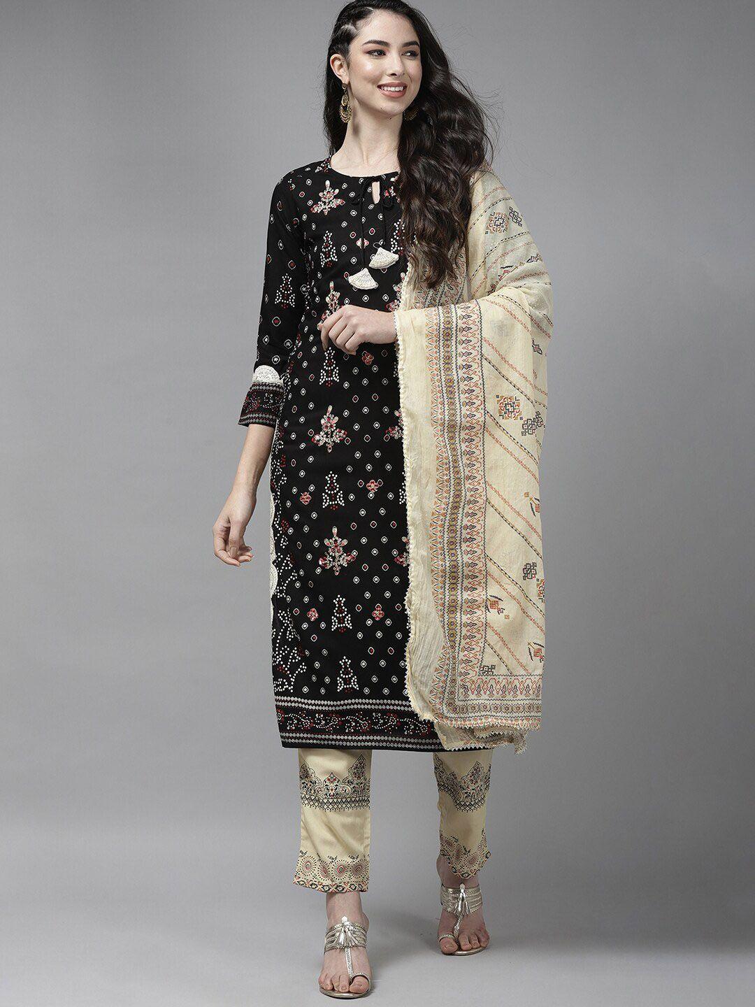 indo era women black ethnic motifs printed zardozi kurta with palazzos & with dupatta