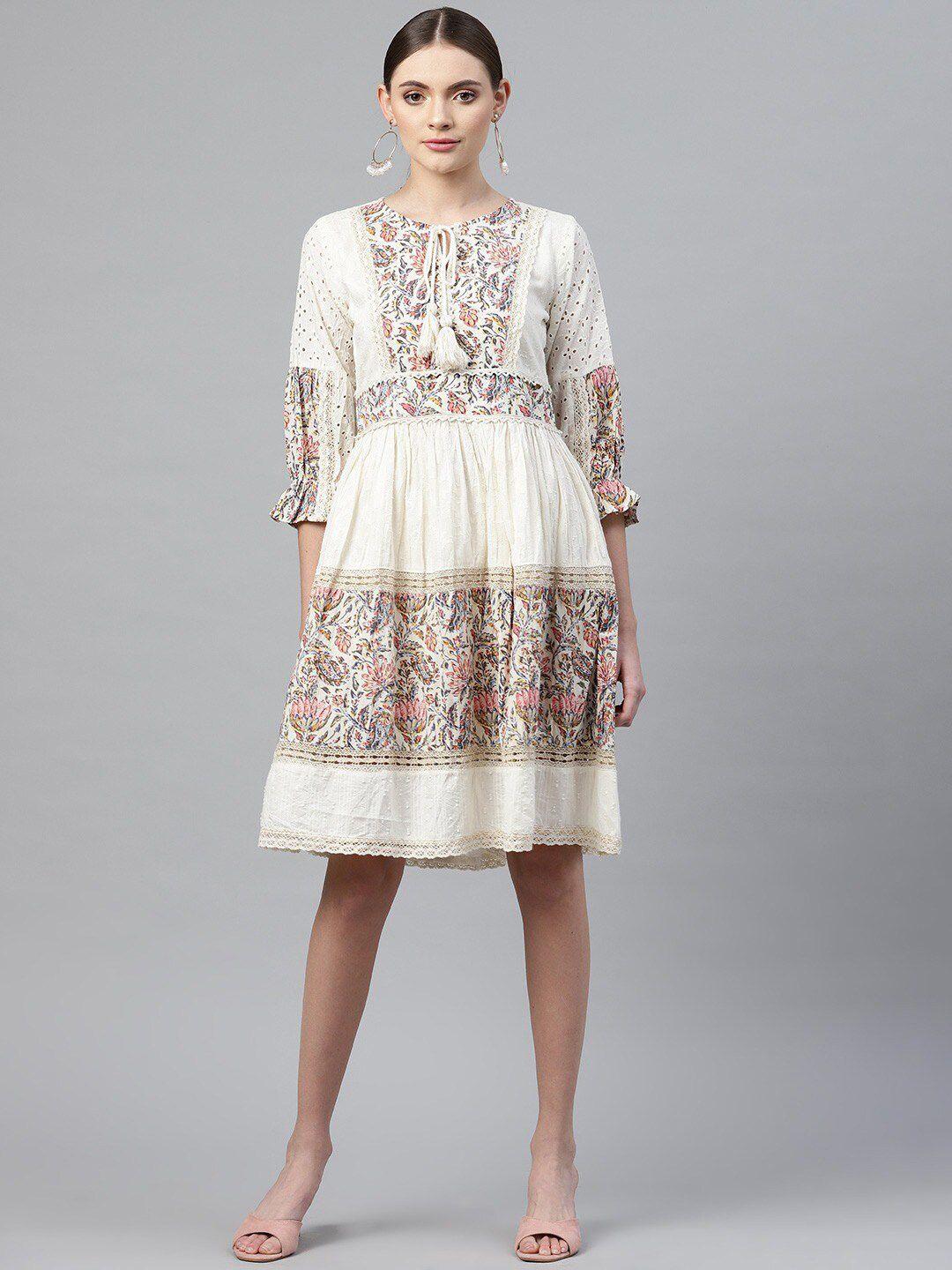 readiprint fashions ethnic motifs printed tie-up neck fit & flare cotton dress