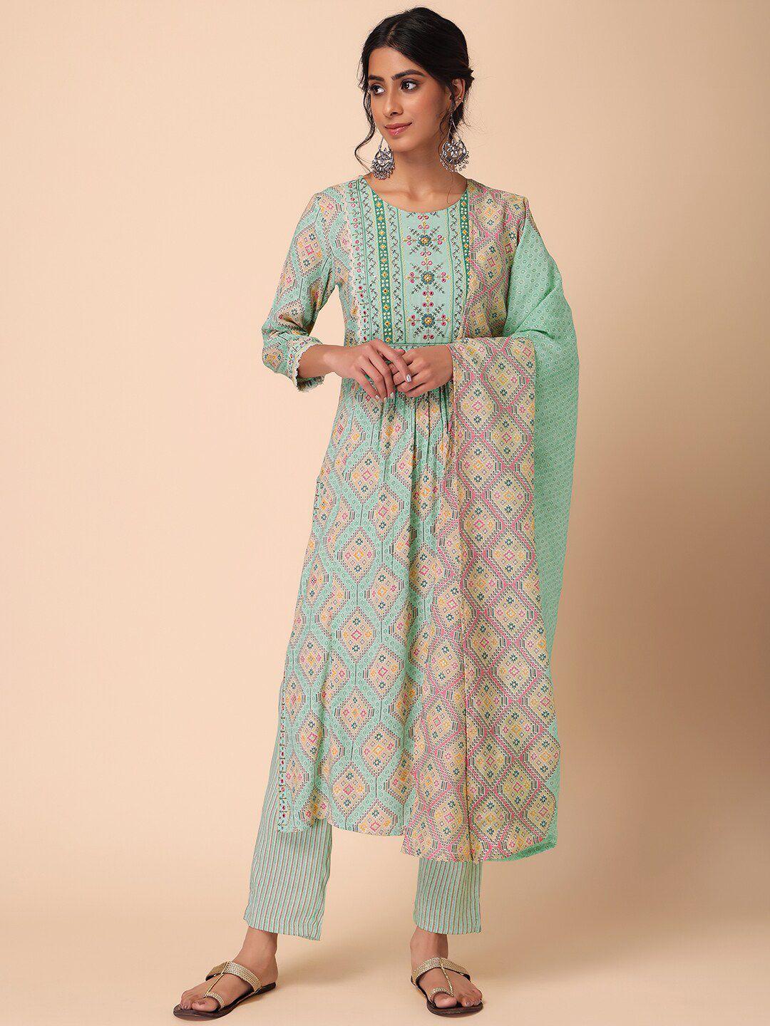 indya women ethnic printed a-line kurta with trouser & dupatta