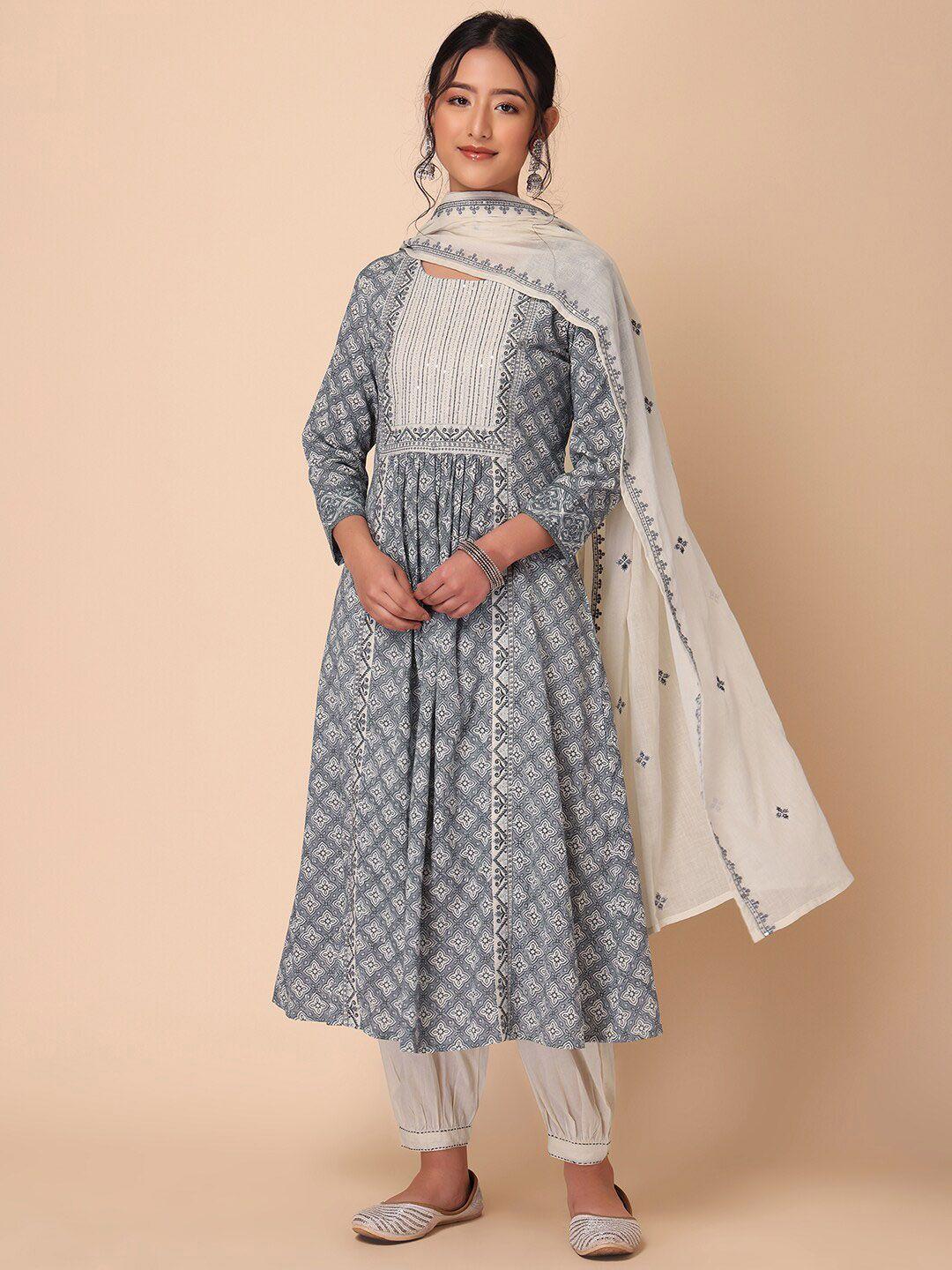 indya women printed a-line pure cotton kurta with salwar & dupatta