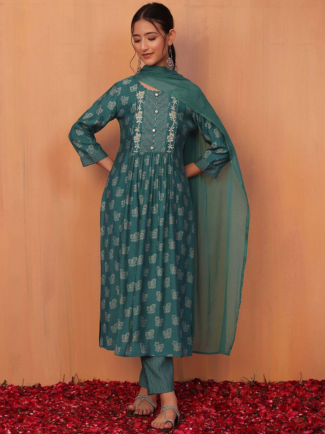 indya ethnic motifs printed thread work a-line kurta with trouser & dupatta