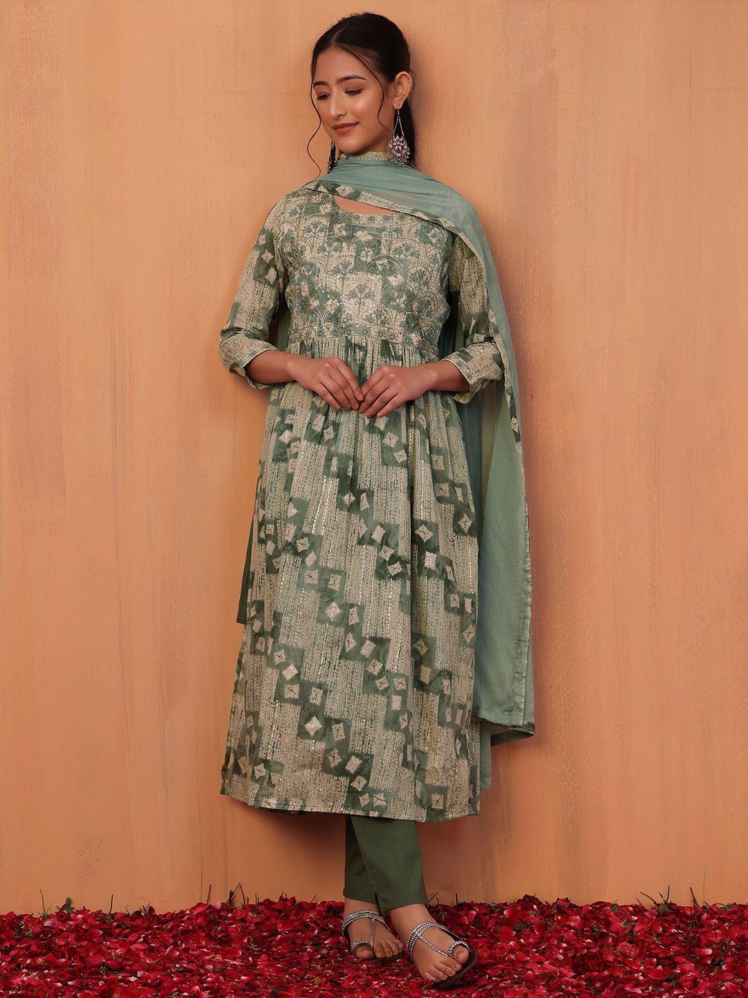 indya batik printed a-line kurta with trouser & dupatta