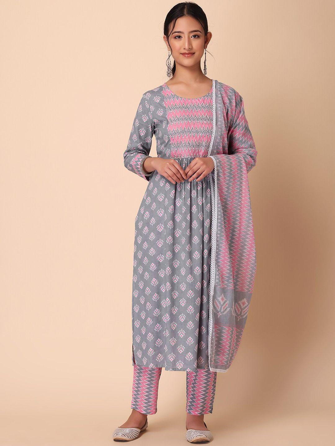 indya women floral printed pure cotton kurta with trouser & dupatta