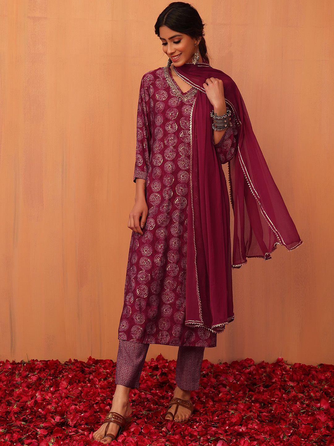 indya women printed a-line kurta with trousers & dupatta set