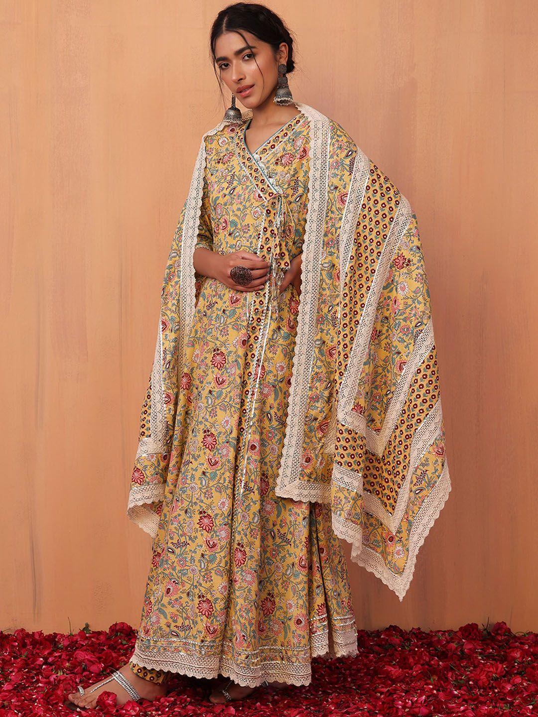 indya floral printed & embroidered pure cotton anarkali kurta with trouser & dupatta set