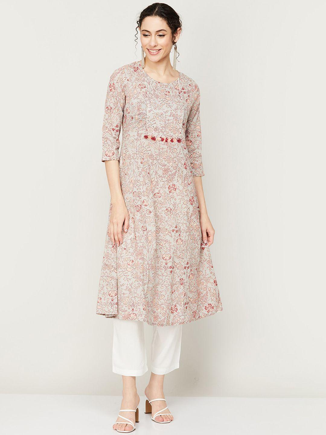 melange by lifestyle women floral printed thread work a-line pure cotton kurta