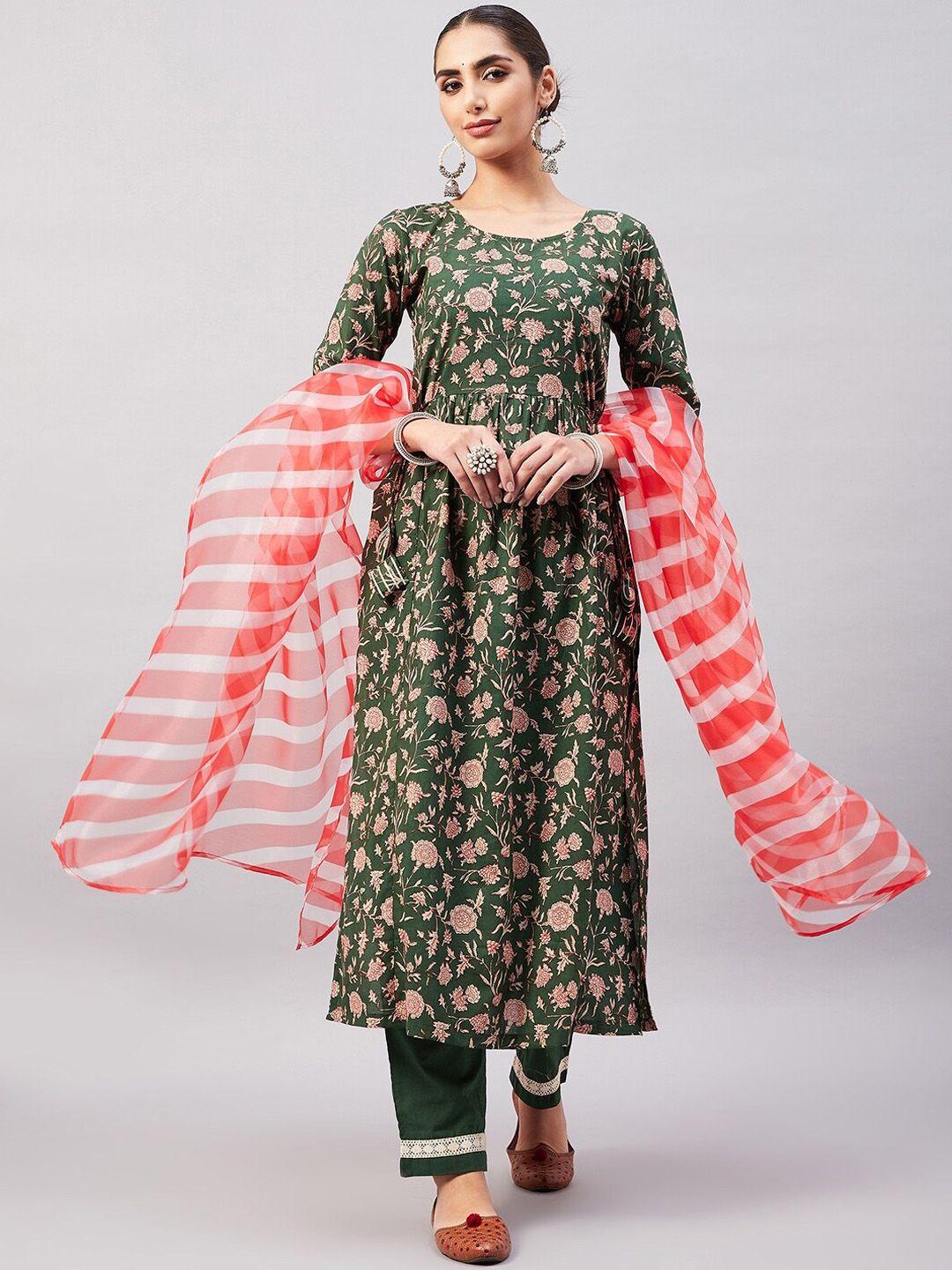 inweave women floral printed pleated pure cotton kurta with trousers & dupatta