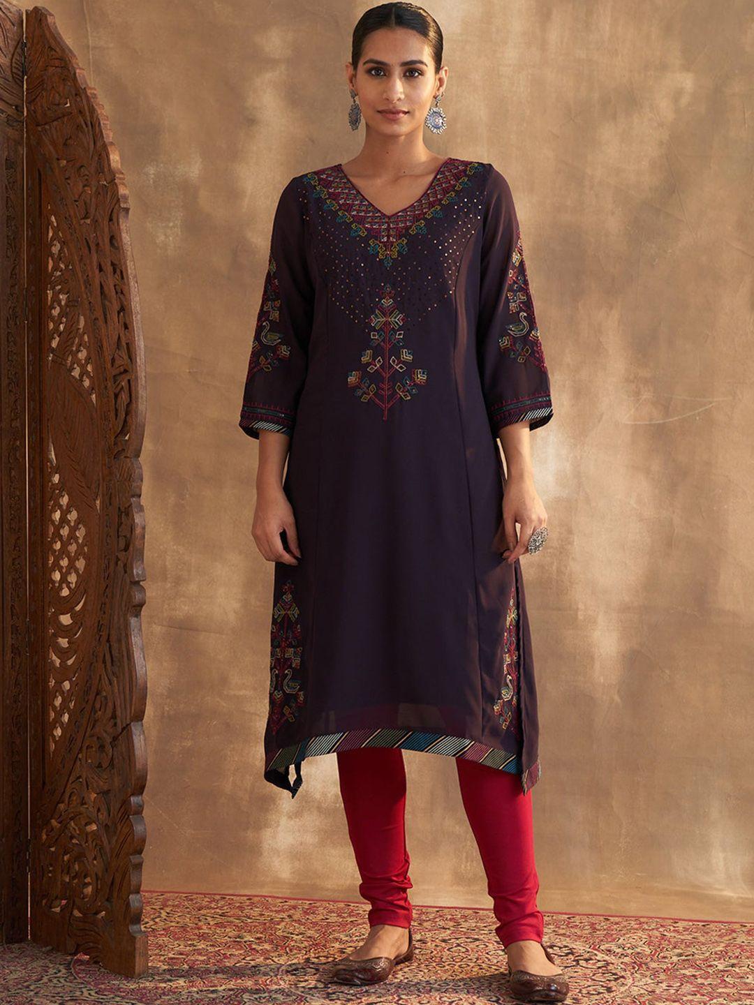 lakshita embroidered georgette v-neck straight kurta