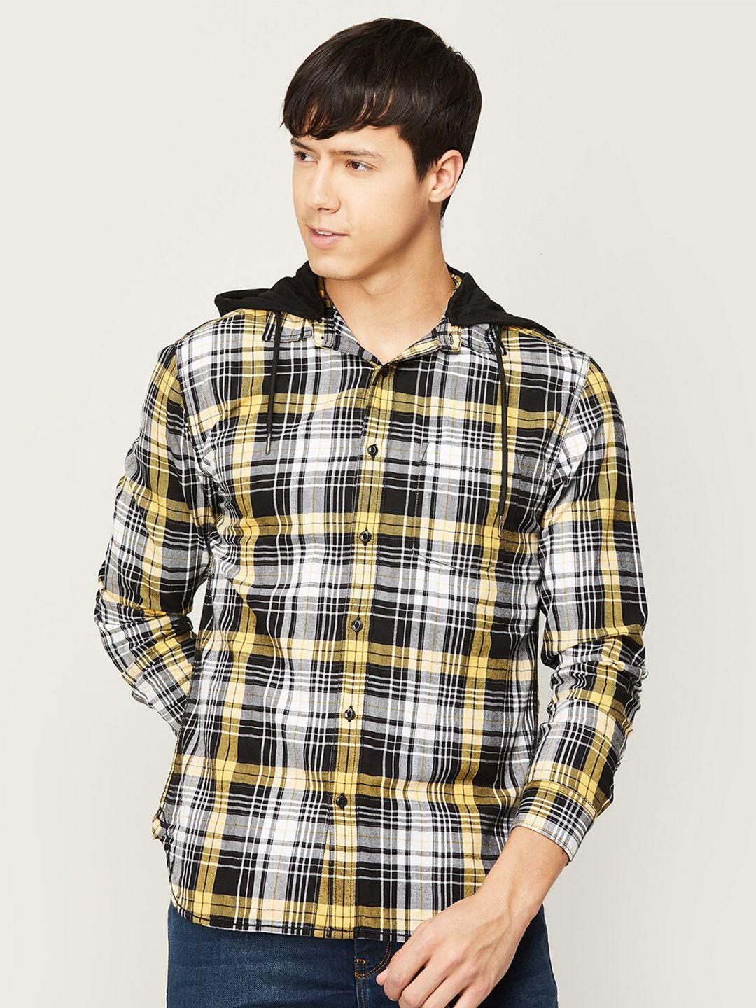 forca men tartan checks checked hooded casual cotton shirt