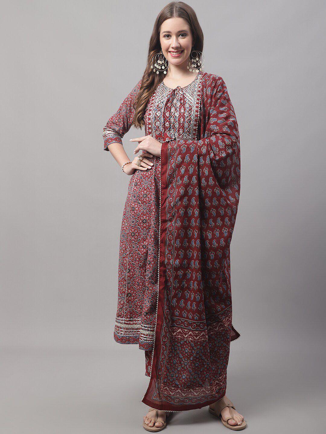 vredevogel ethnic motifs printed thread work pure cotton kurta with trousers & dupatta