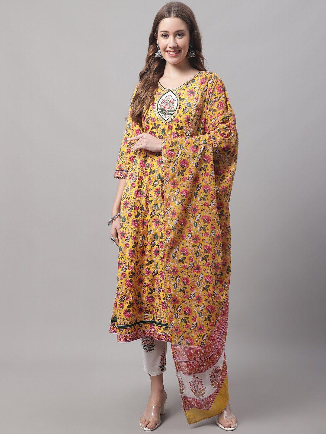 vredevogel ethnic motifs printed pure cotton anarkali kurta & trousers with dupatta