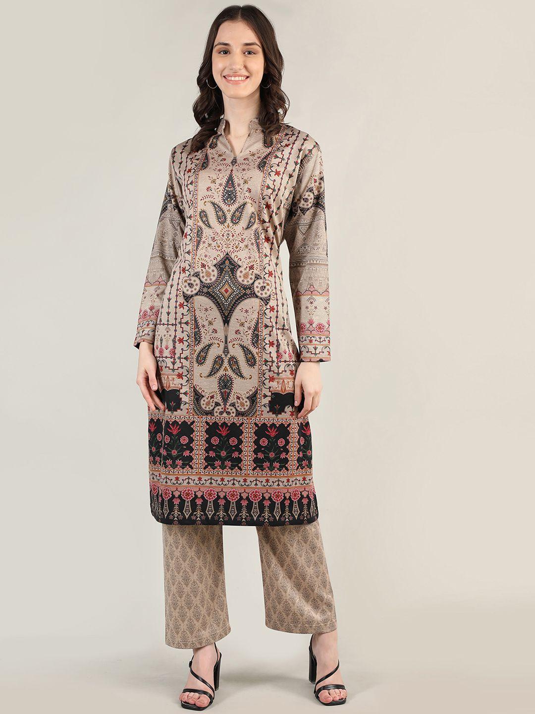 mikhad women printed mandarin collar straight kurta with trousers & dupatta