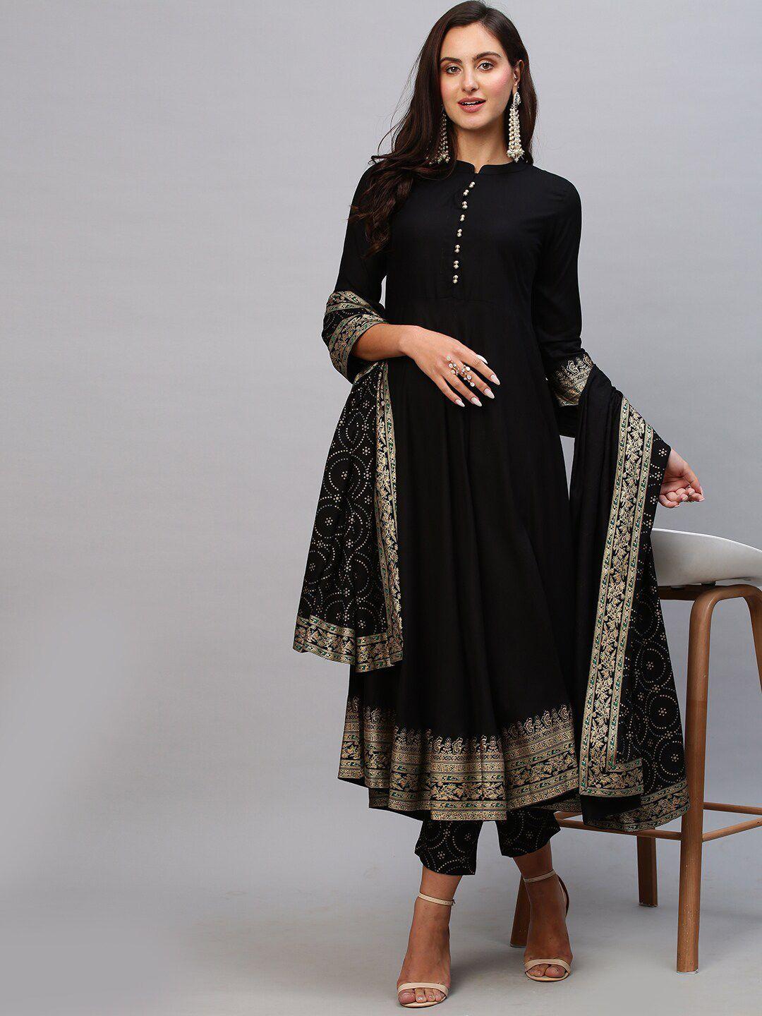 kalini women black solid anarkali kurta with trousers & with dupatta