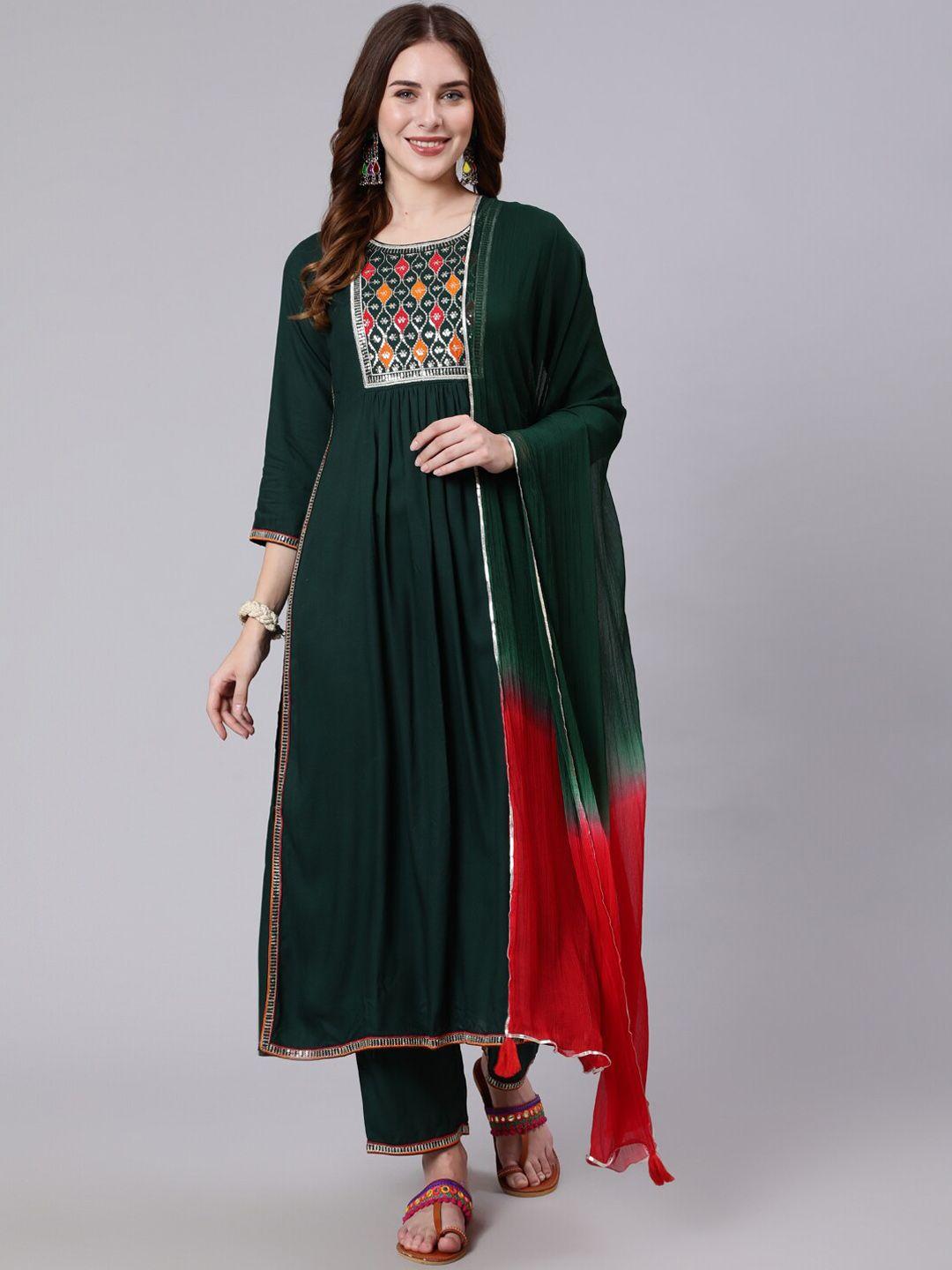 gulmohar jaipur women yoke design sequinned a-line kurta with trousers & dupatta