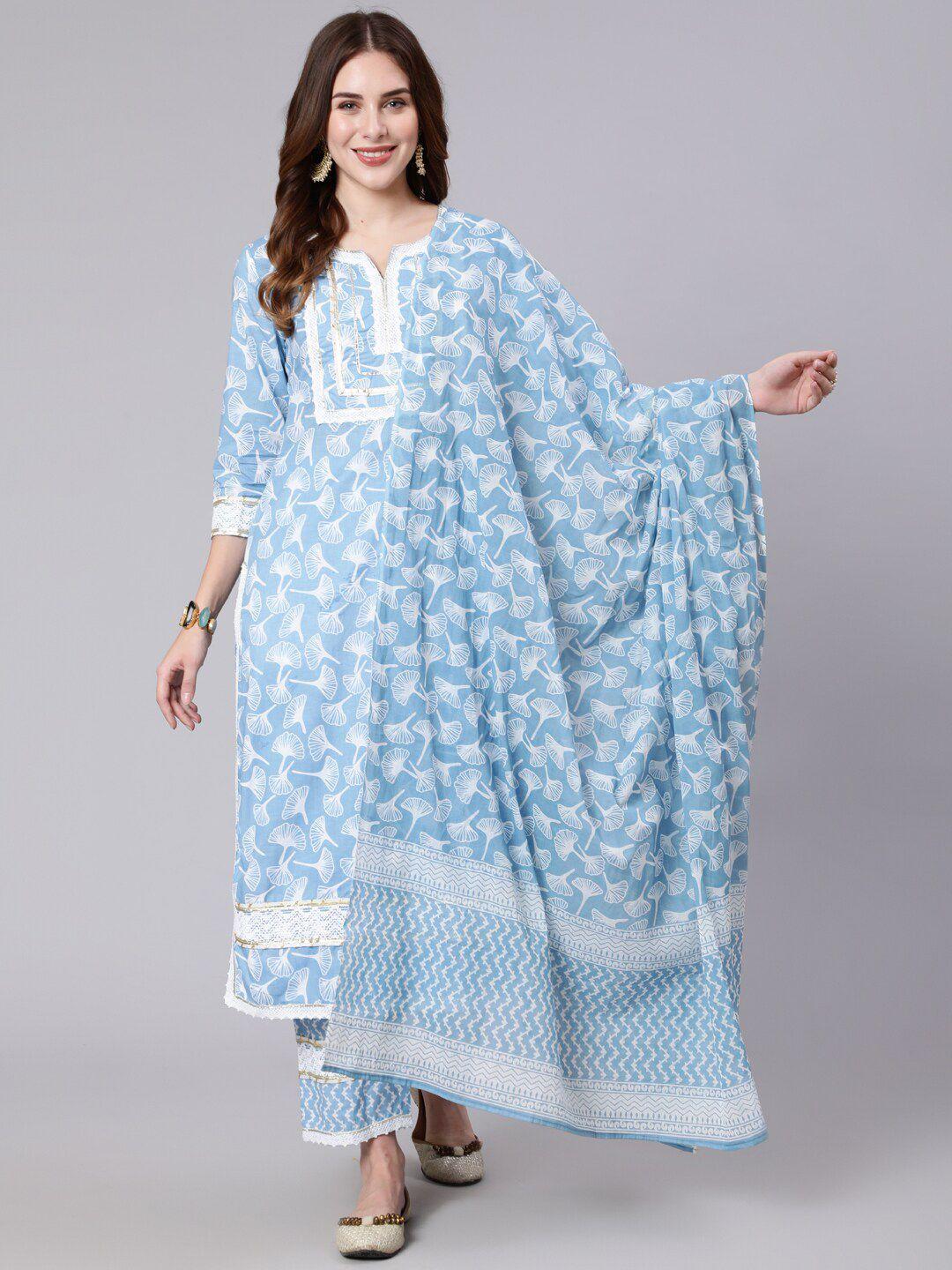 gulmohar jaipur women floral printed pure cotton kurta with trousers & dupatta