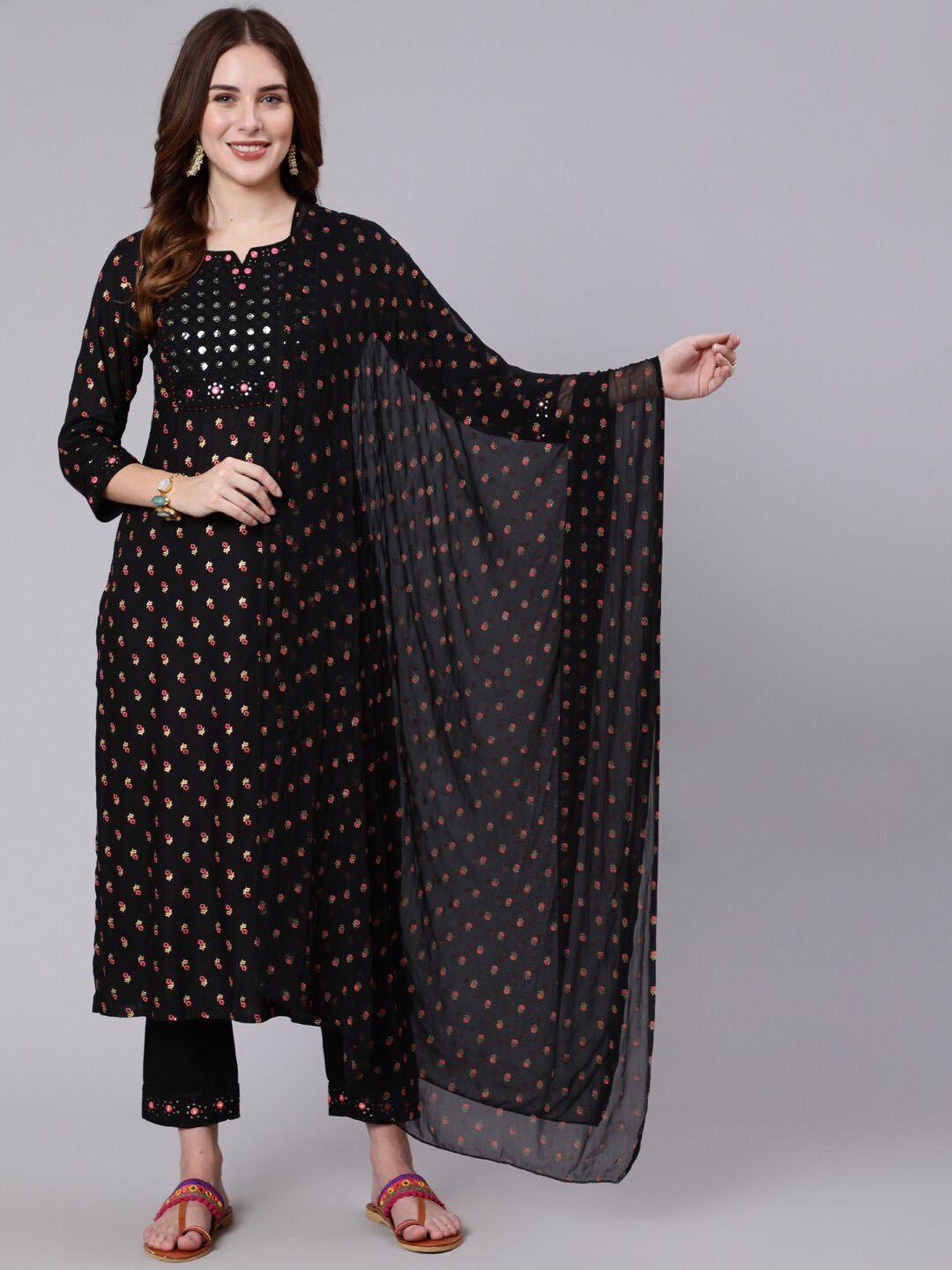 gulmohar jaipur floral printed mirror work kurta with trousers & dupatta