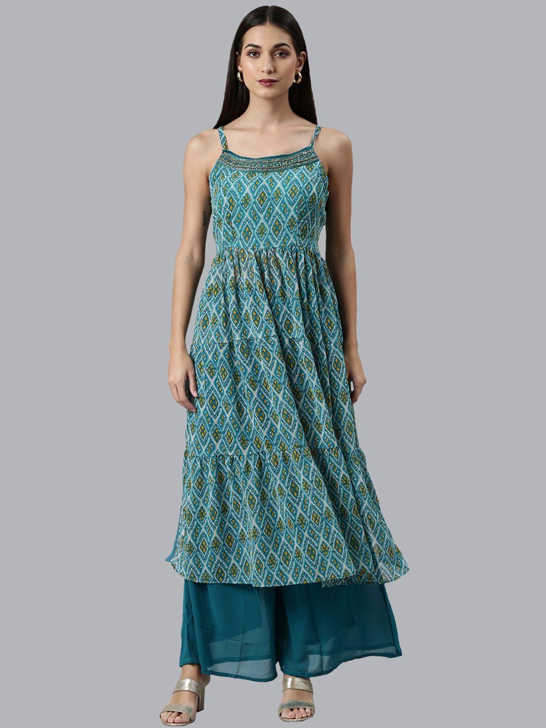 neerus women ethnic motifs printed beads & stones kurta with palazzos & dupatta