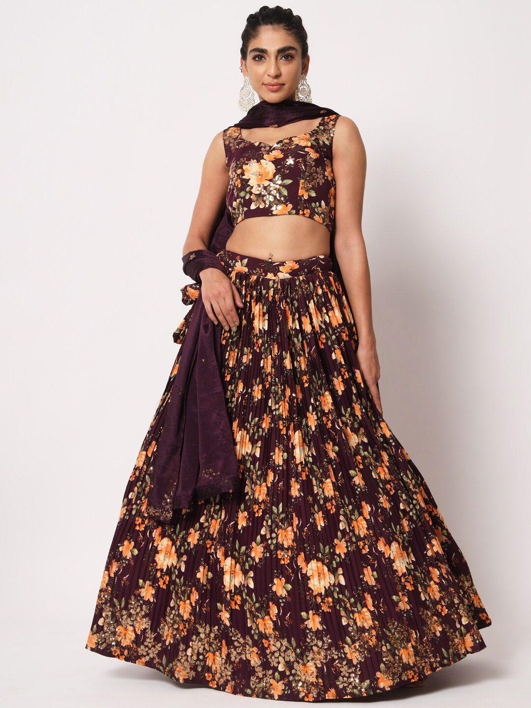 shubhkala purple & orange printed semi-stitched lehenga & unstitched blouse with dupatta